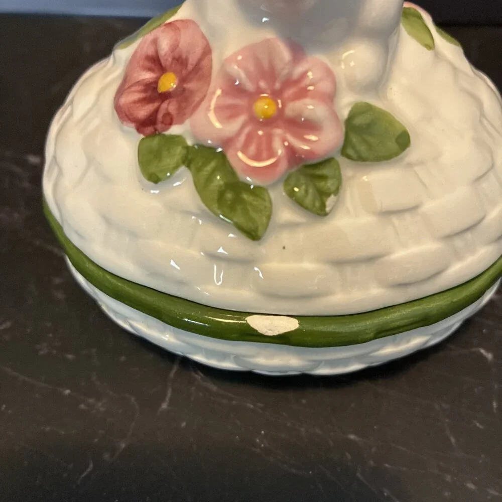 Vintage Avon Bunny Covered Trinket Box Hand Painted Brazil Easter Decor 1982